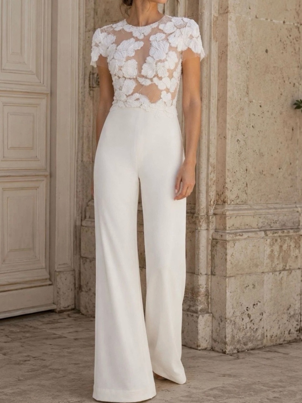 Nadine Merabi Sloane Beaded Floral Appliqué Wide Leg Cocktail Jumpsuit White XL